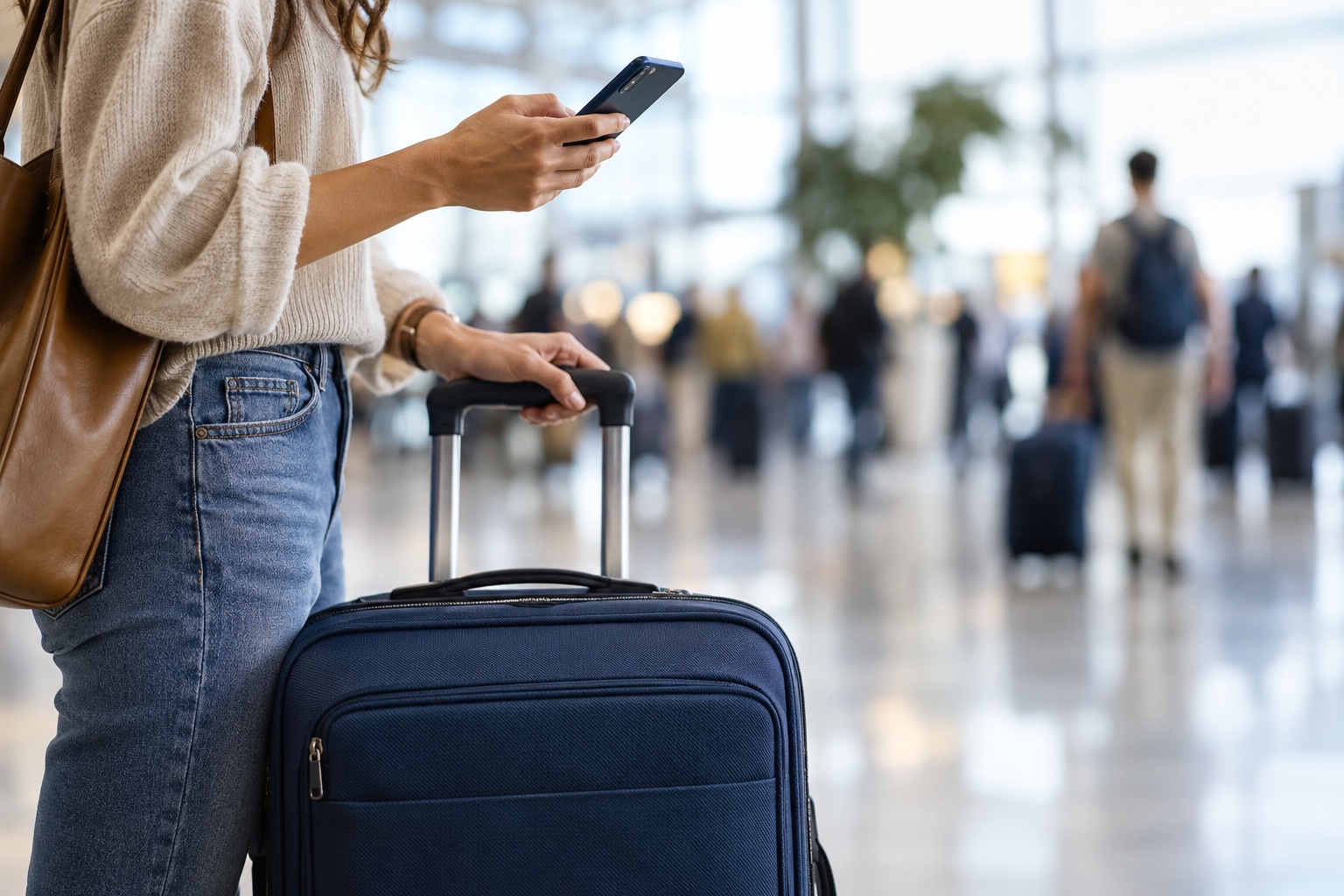 A traveler checking a phone beside a carry-on suitcase