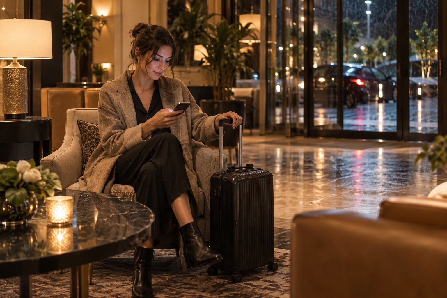 A traveler checking a phone in a hotel lobby after dark