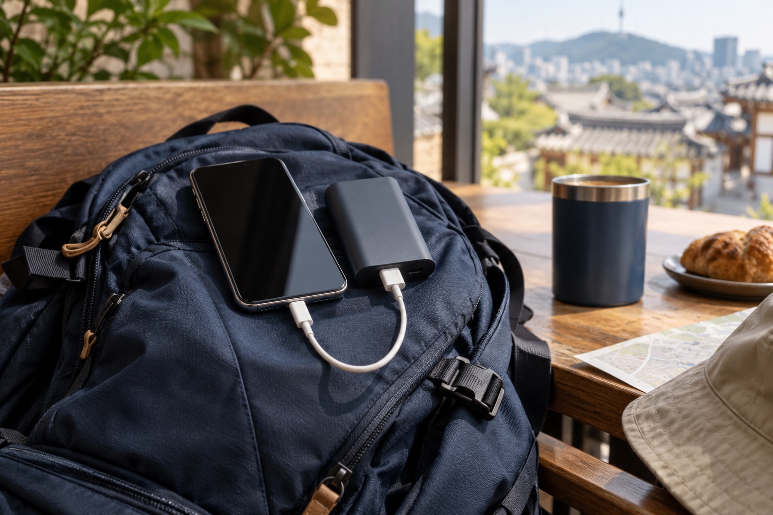 A smartphone connected to a portable power bank