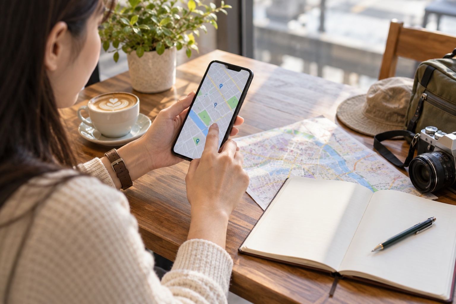 A traveler checking an illustrative map on a smartphone