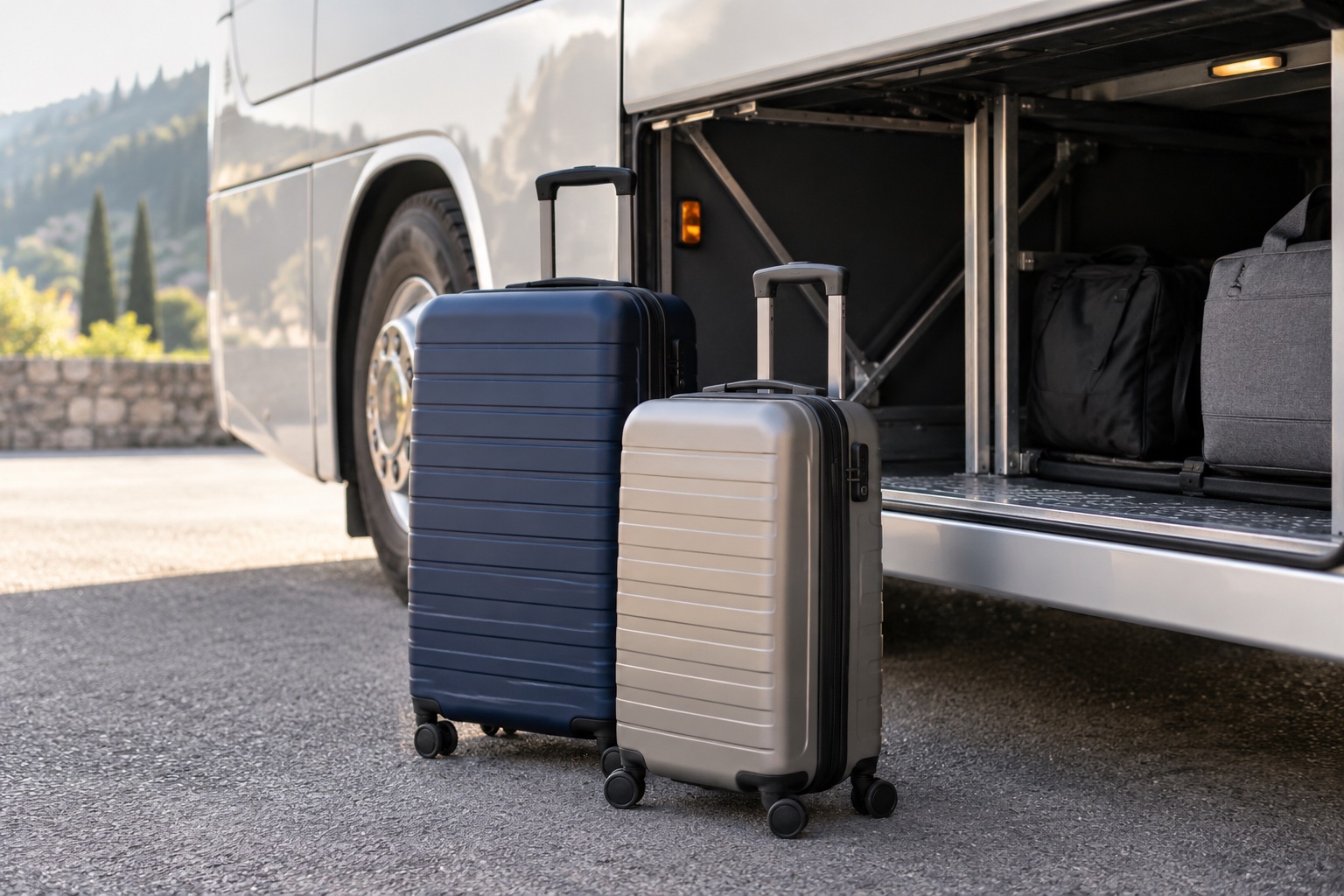 Plan for luggage before choosing a coach transfer — AI-generated illustrative scene