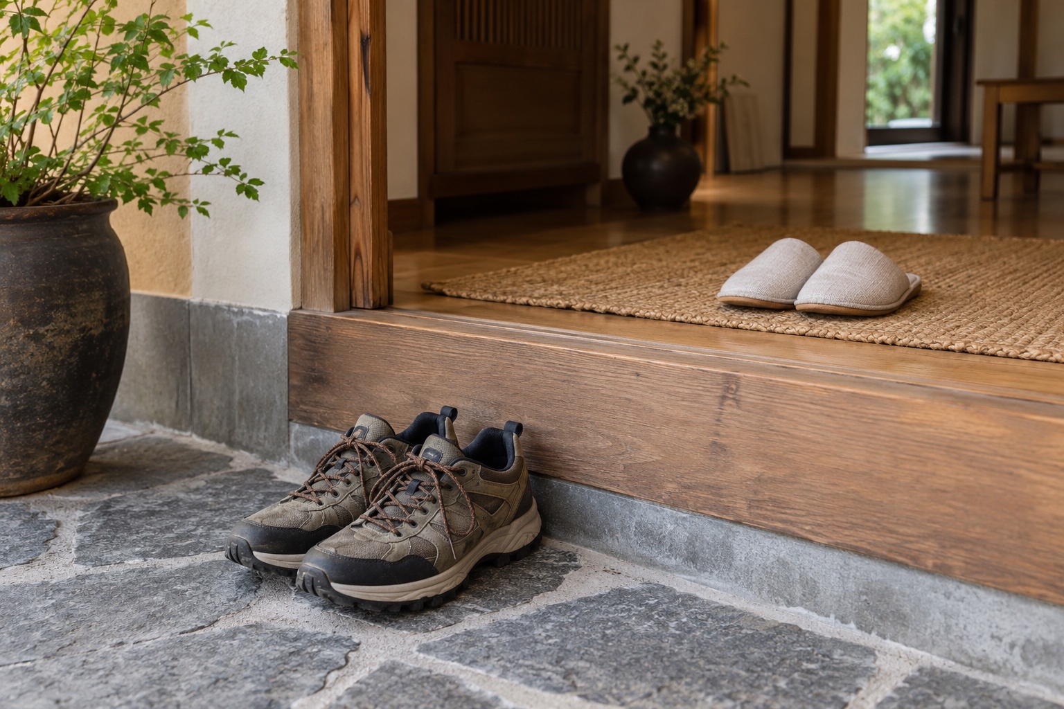 Outdoor shoes placed below an entrance step