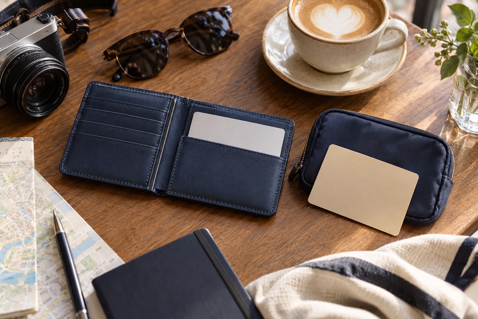A wallet and a separate travel pouch with unbranded cards