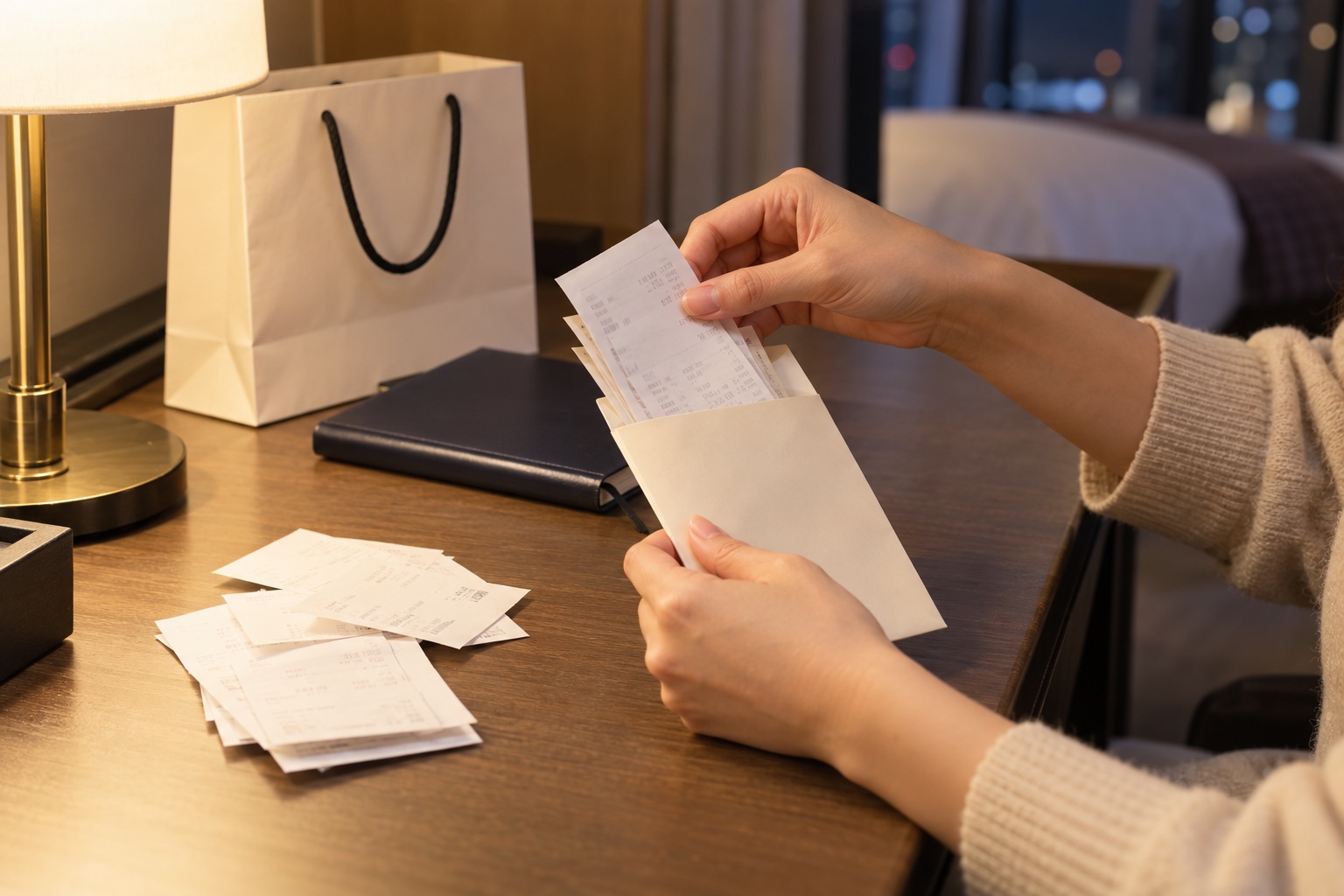 Hands organising receipts in a paper envelope at a writing desk