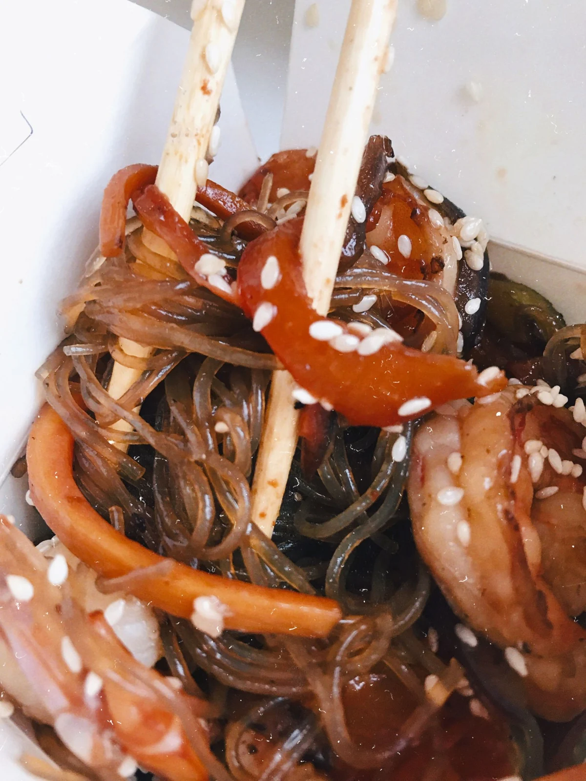 Japchae with vegetables and sesame. Ask about sauce ingredients and shared preparation equipment.