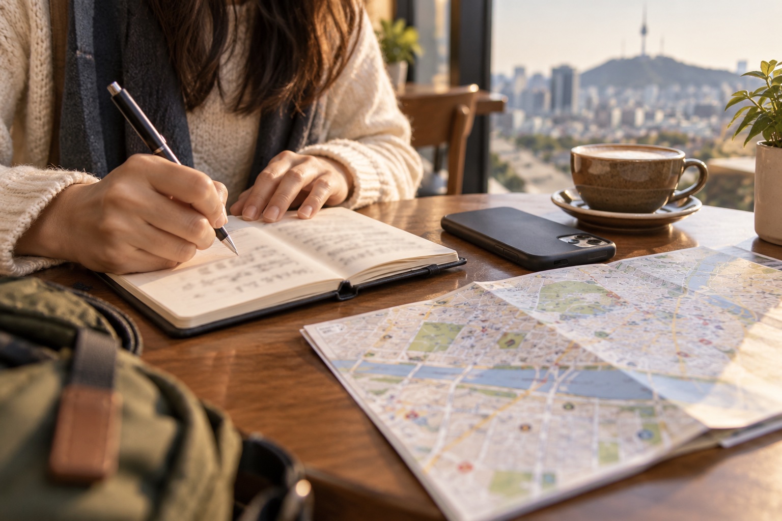 A traveler preparing offline notes beside a phone and map