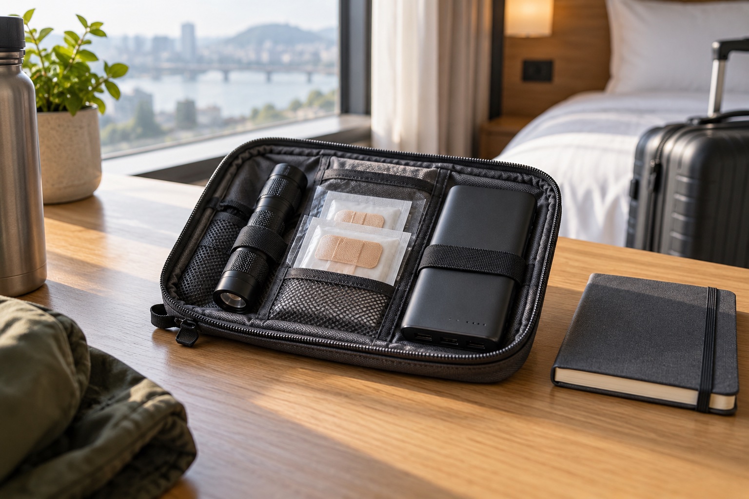 A compact travel preparedness pouch with a flashlight, bandages and power bank