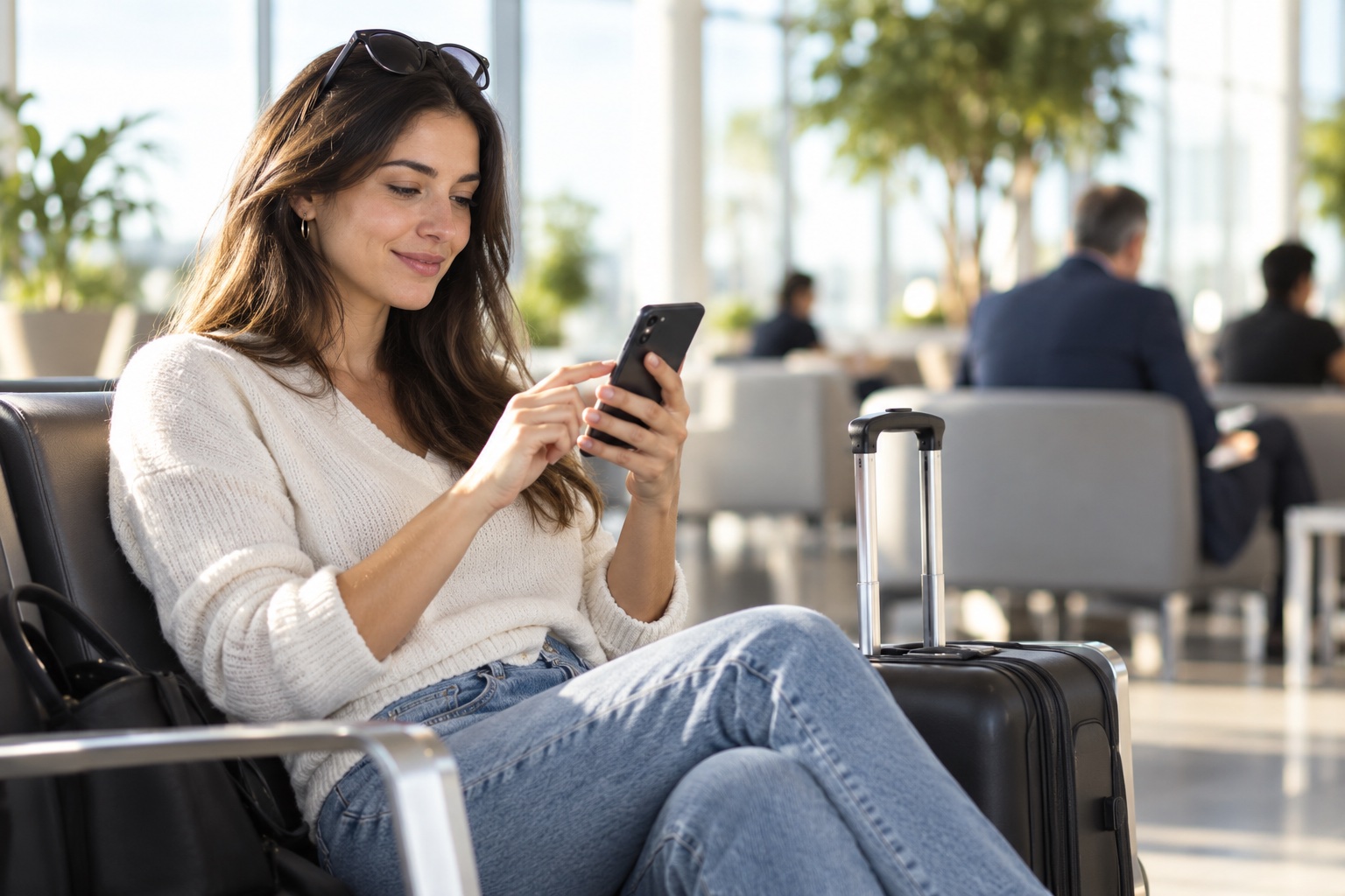 A traveler checking a phone in an arrivals waiting area