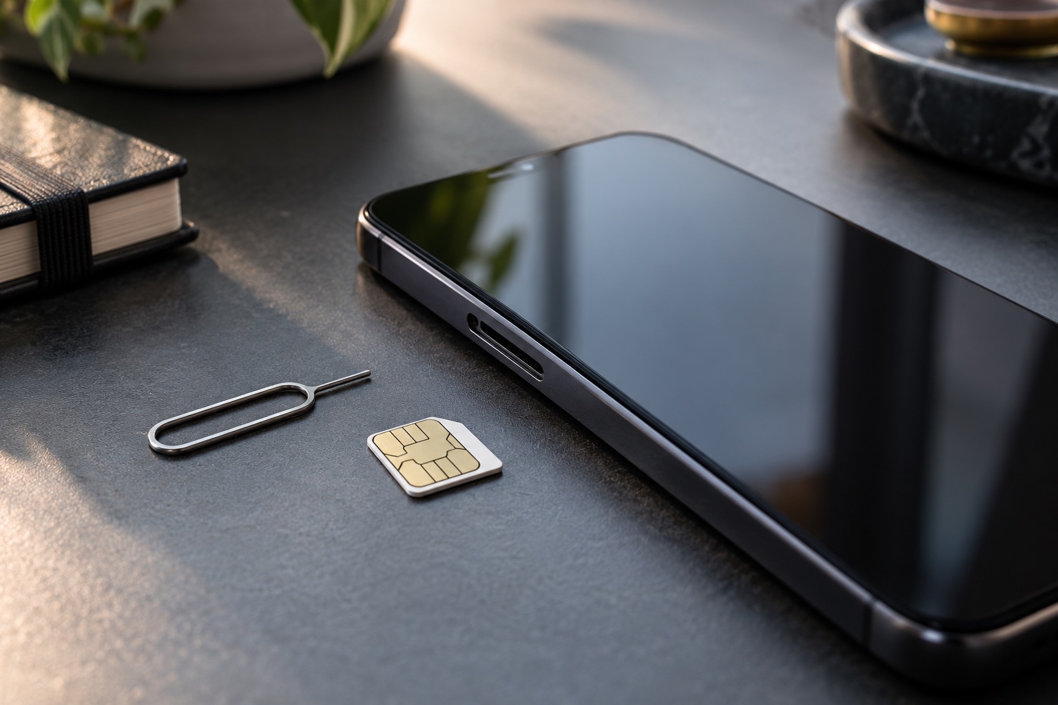 An unbranded phone beside a physical SIM and ejector pin