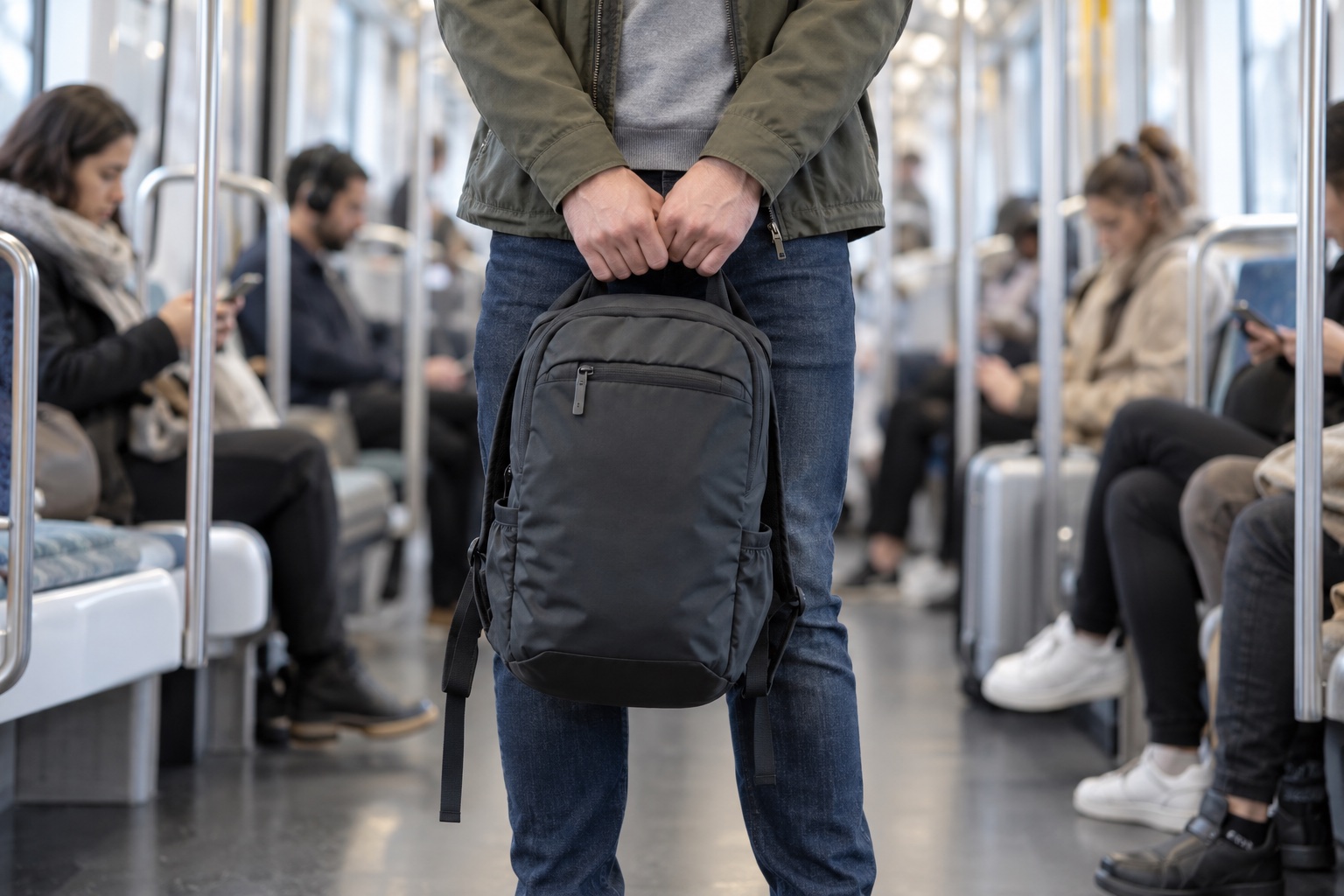 A traveler keeping a small bag close on a commuter train
