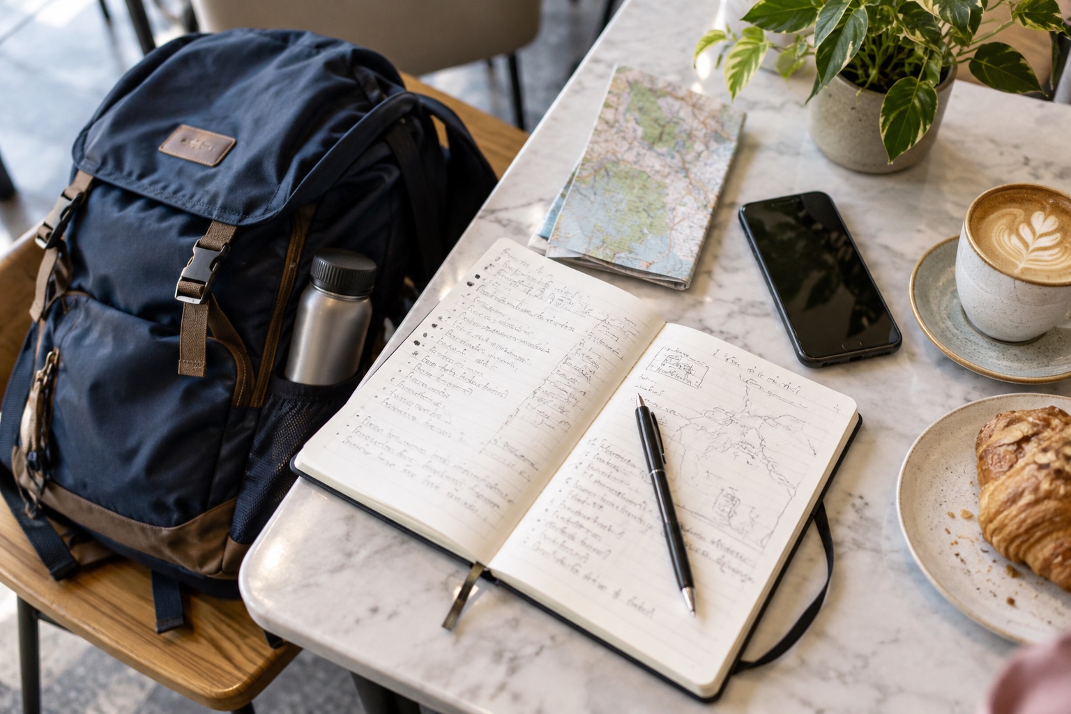 A notebook and phone used to prepare a route