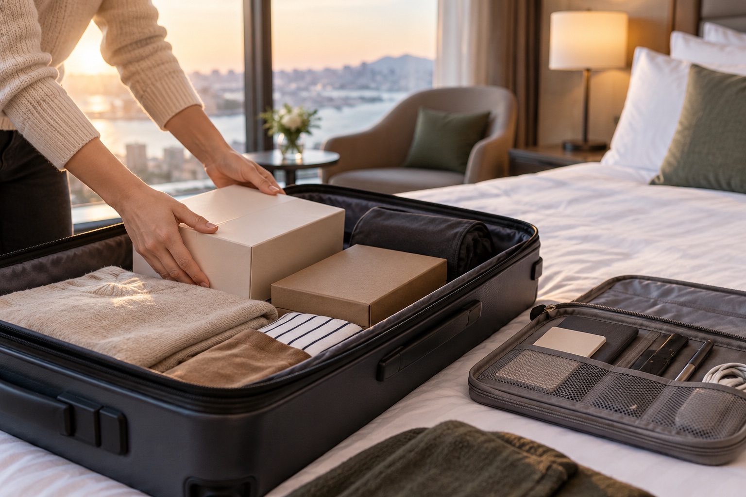 A traveler packing purchases and a separate document pouch