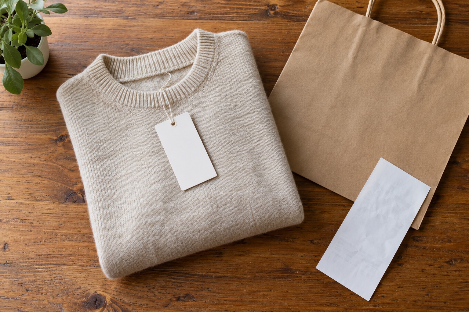 A purchased sweater with its tag, bag and receipt
