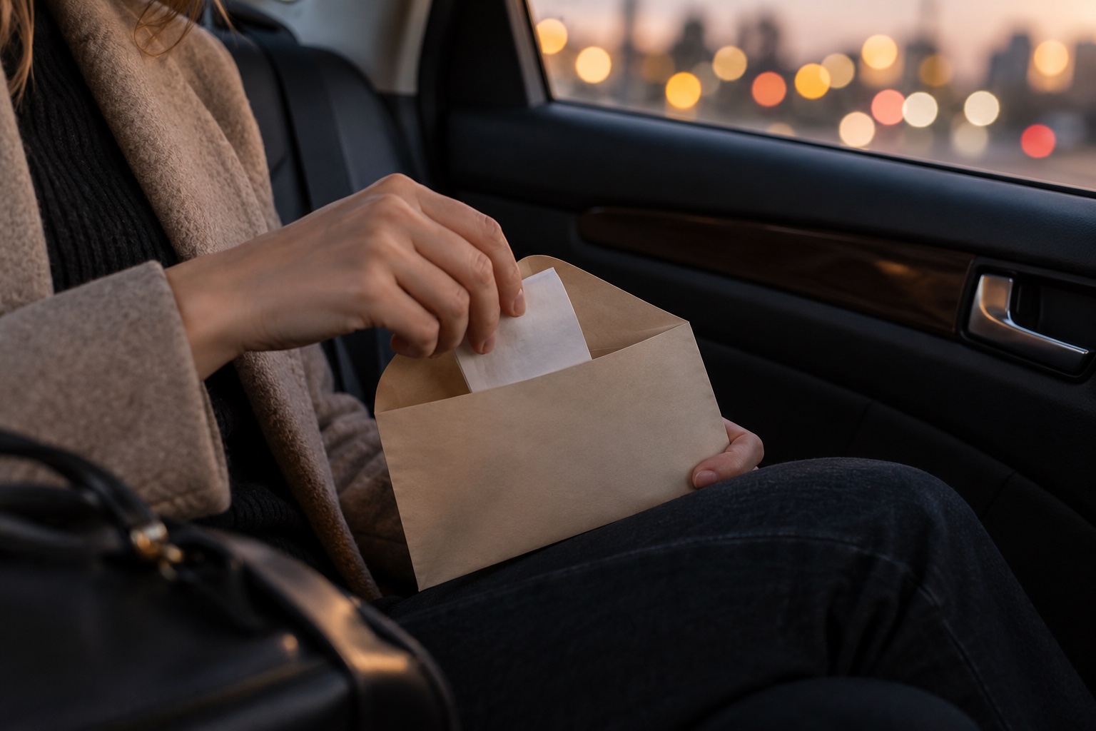 A traveler storing a receipt in an envelope