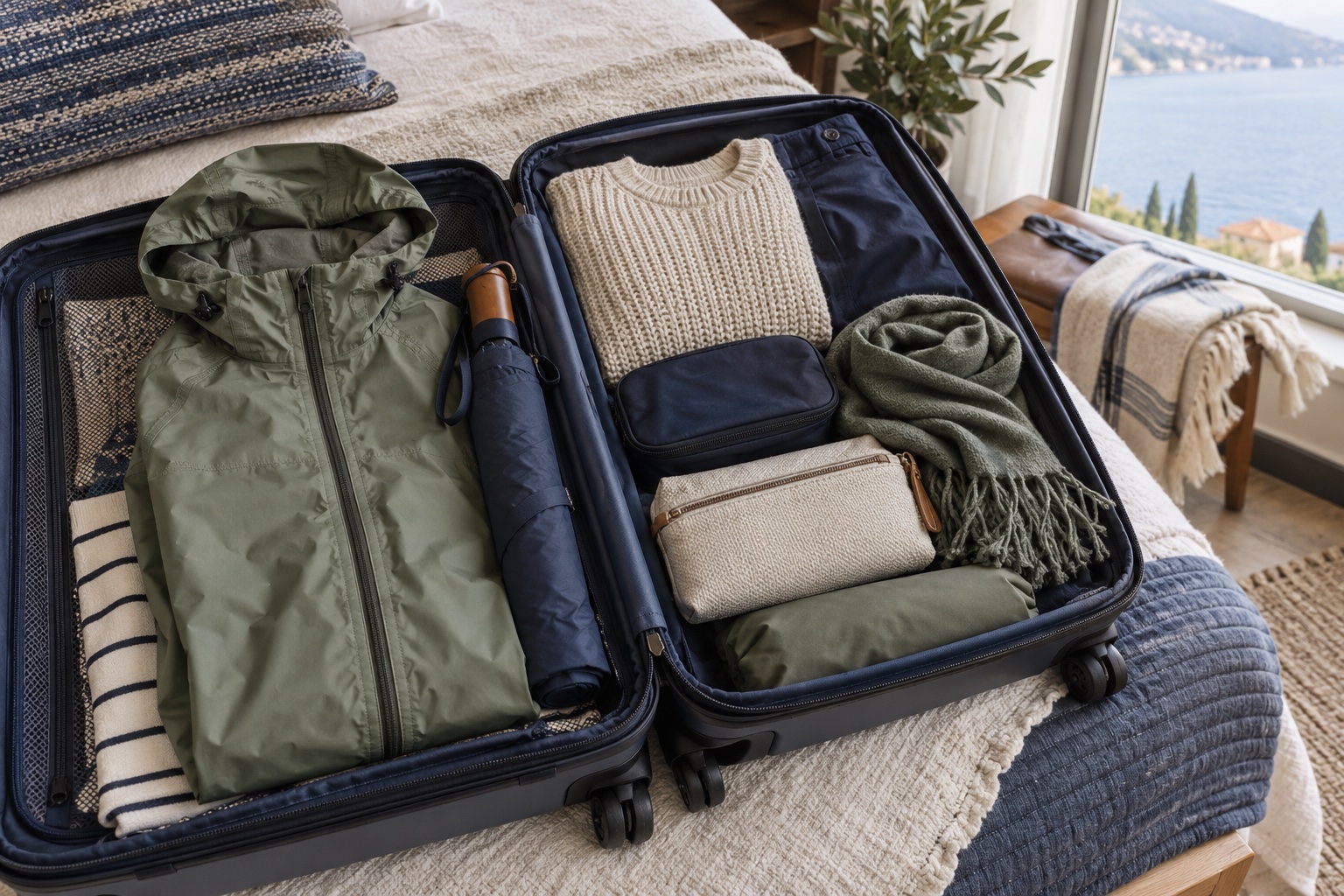 Layers and a rain jacket packed in a suitcase