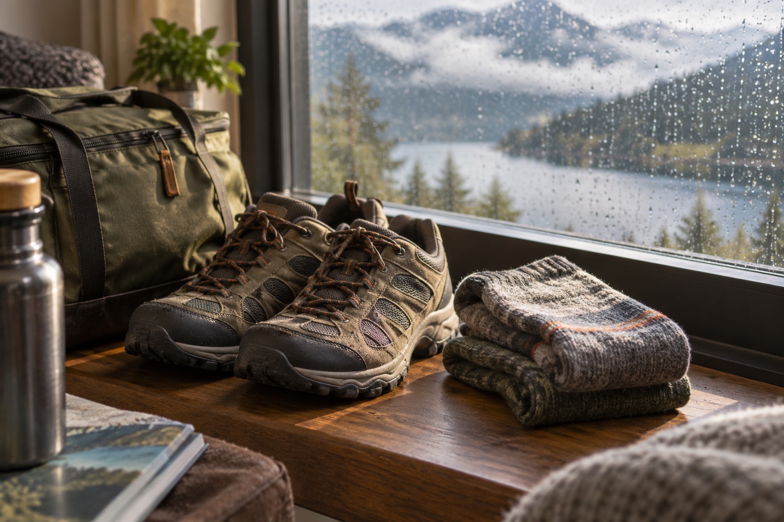 Walking shoes and socks beside a rainy window