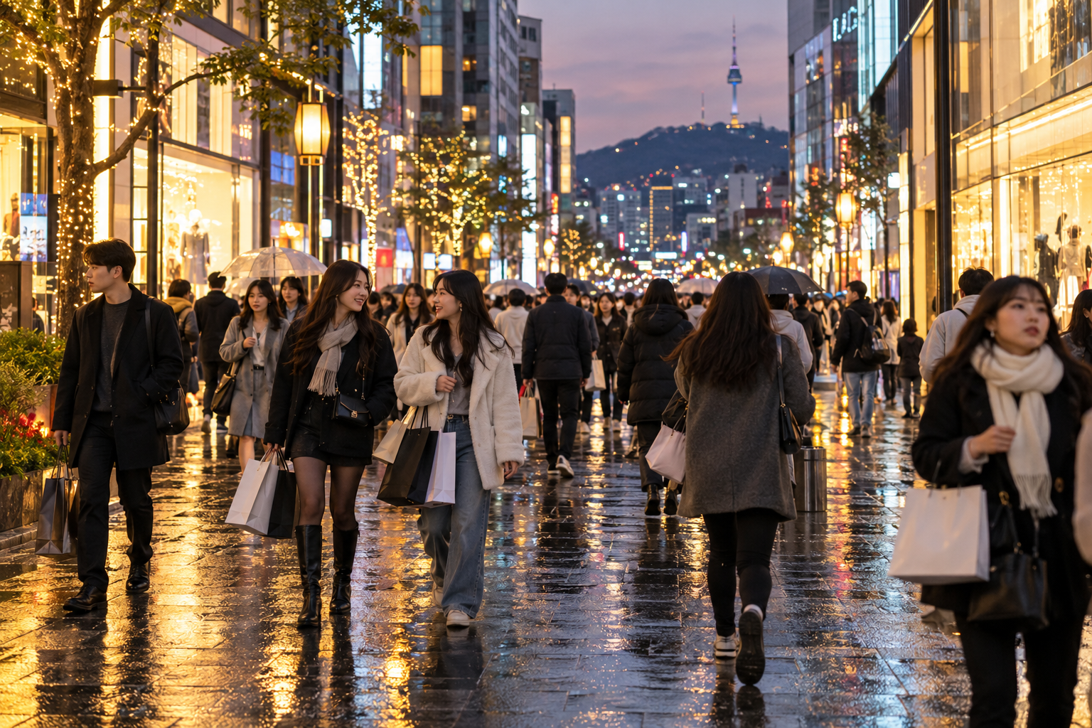 Busy evening shopping street in central Seoul with shoppers carrying bags