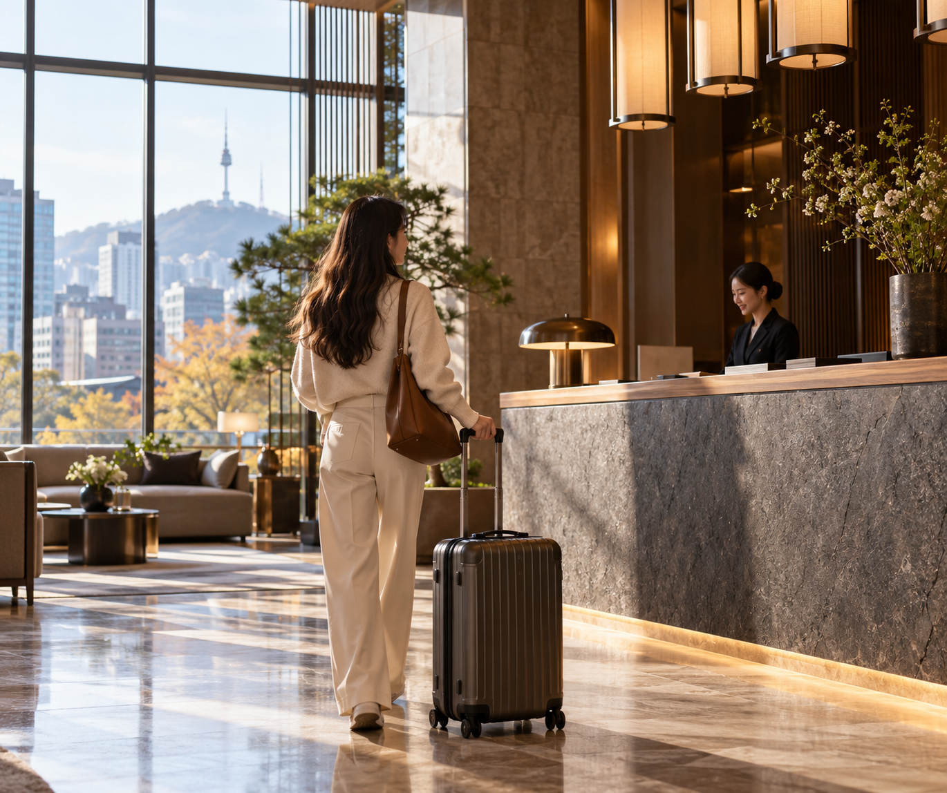 Modern boutique hotel lobby in Seoul with a traveler pulling a suitcase