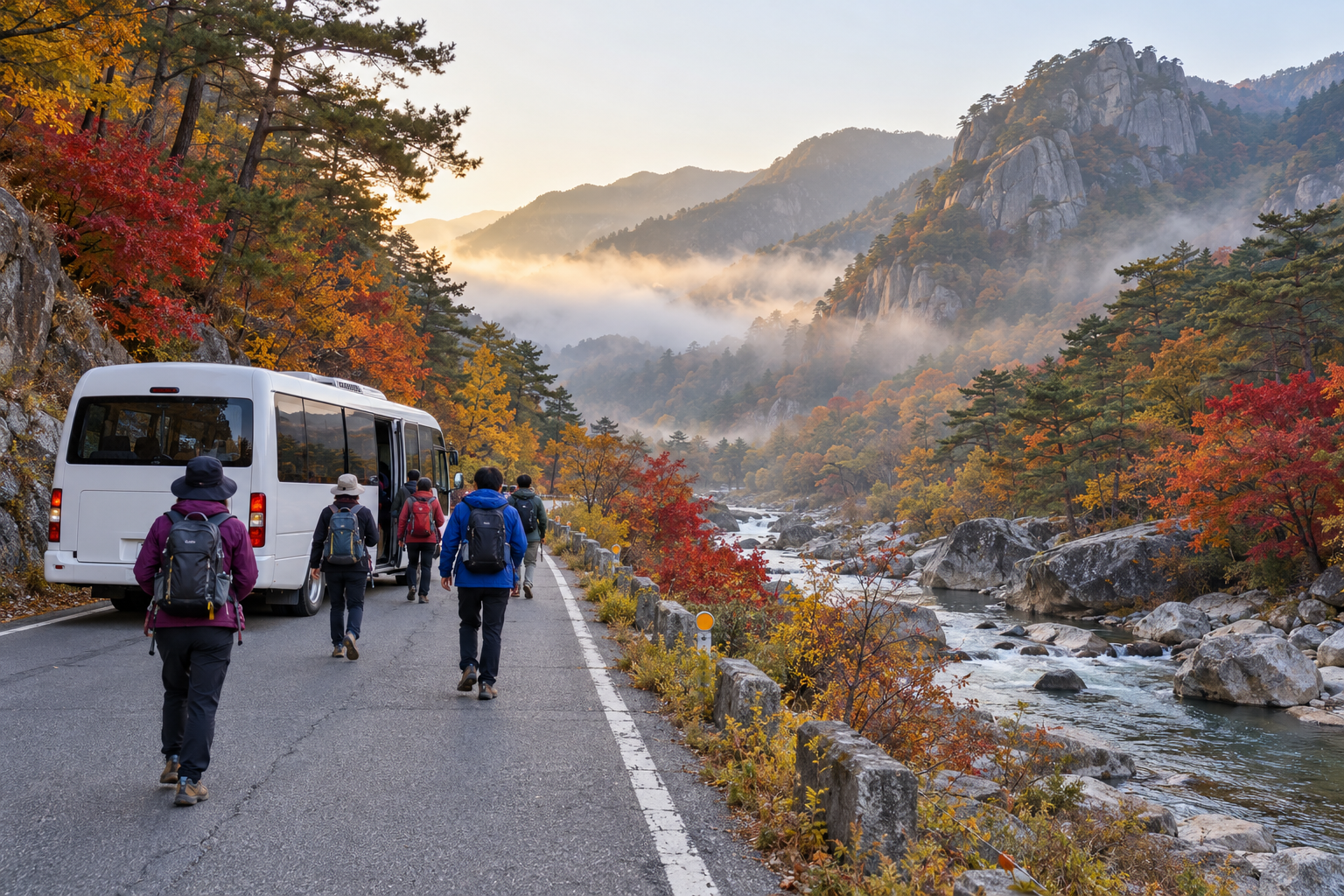 Tour minibus and visitors on an autumn road in a Korean mountain valley