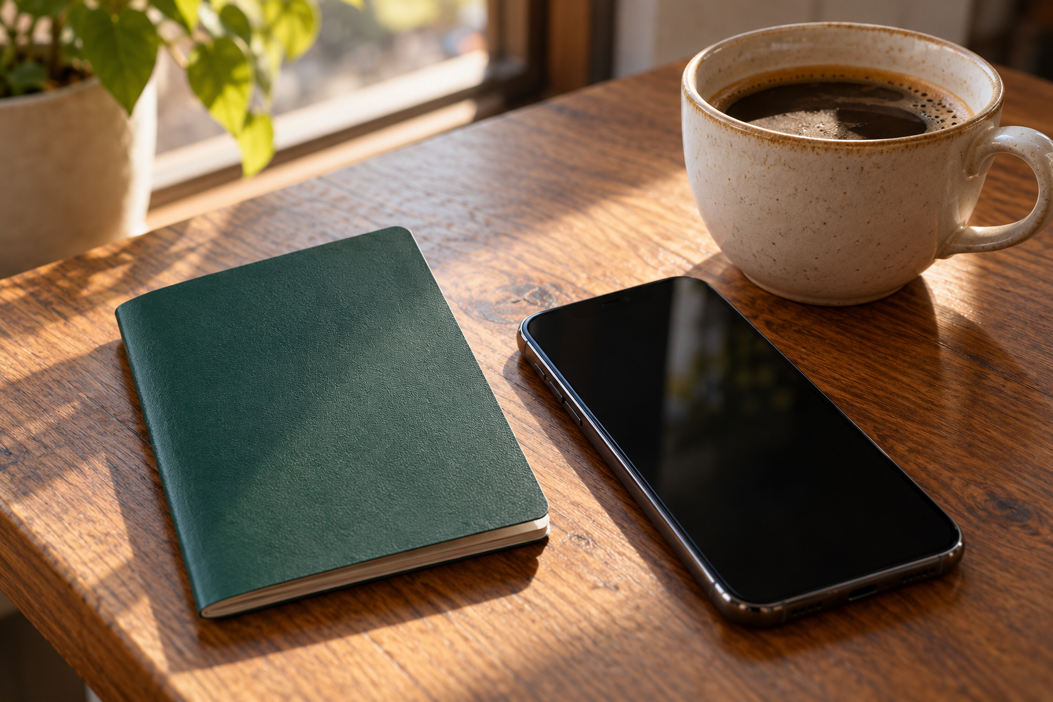 Passport and phone on a wooden table beside a cup of coffee