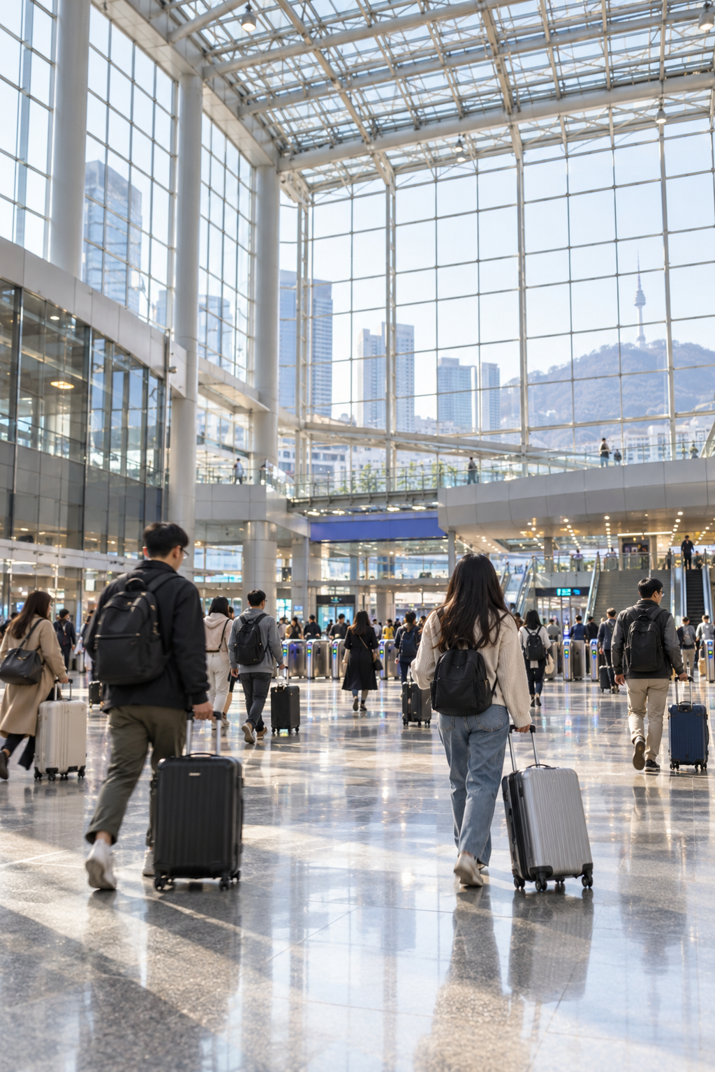 Travelers walking through a Seoul railway station concourse with rolling suitcases