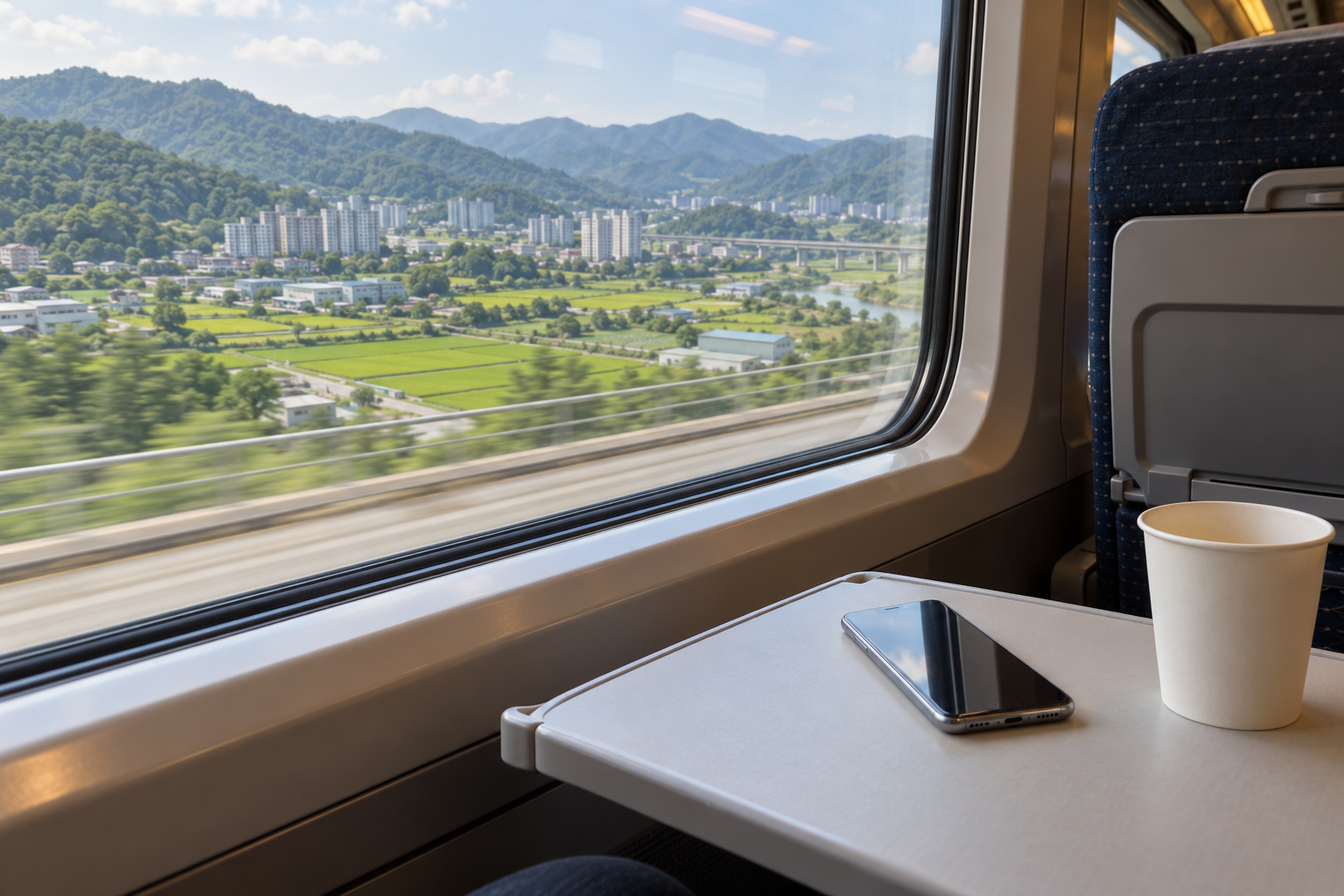 Train window seat with Korean countryside and apartment blocks outside