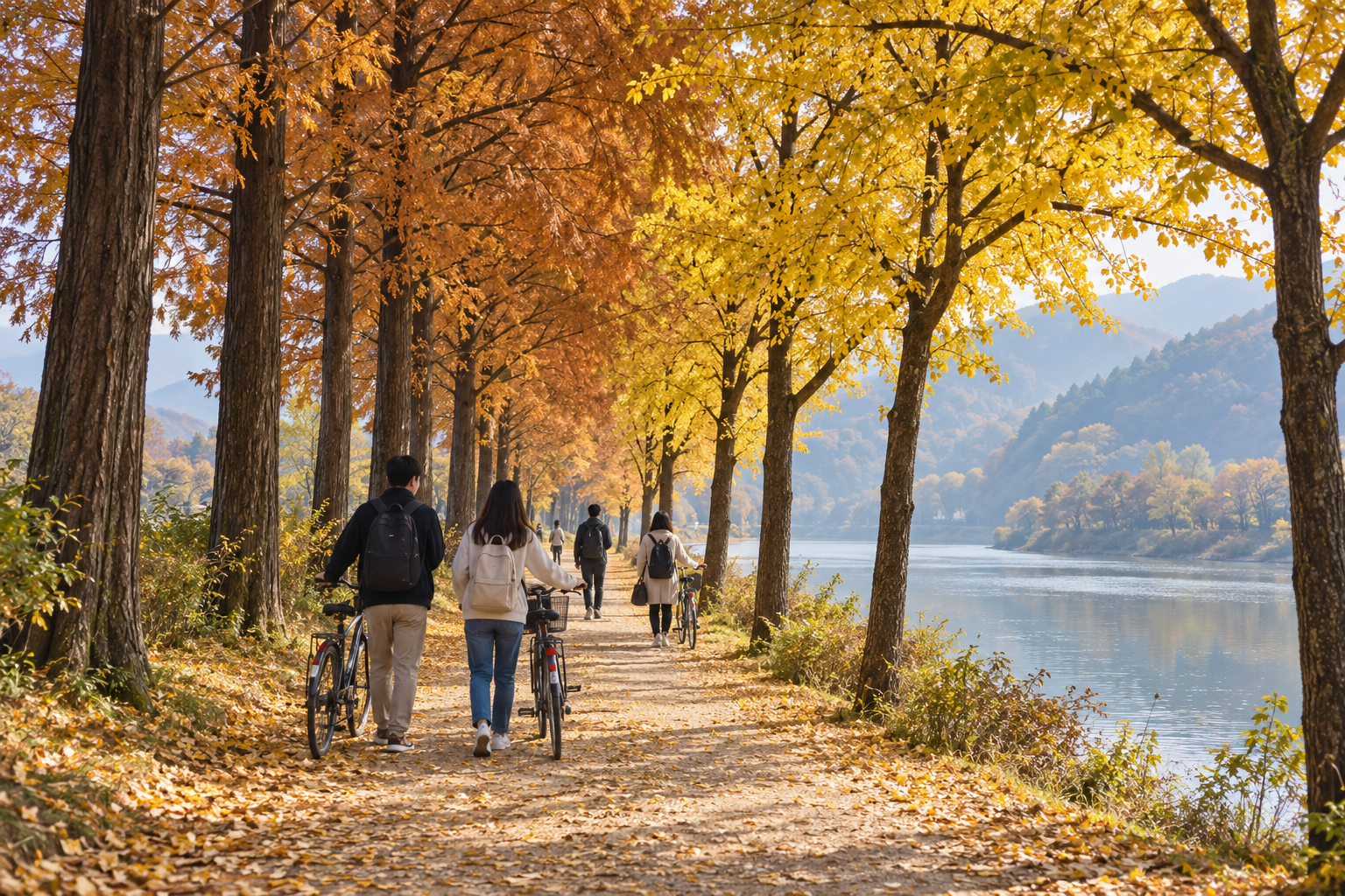 Tree-lined riverside lane on an island in autumn with visitors walking