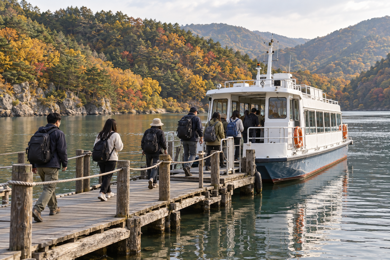 Visitors boarding a ferry at a wooden pier on a Korean river