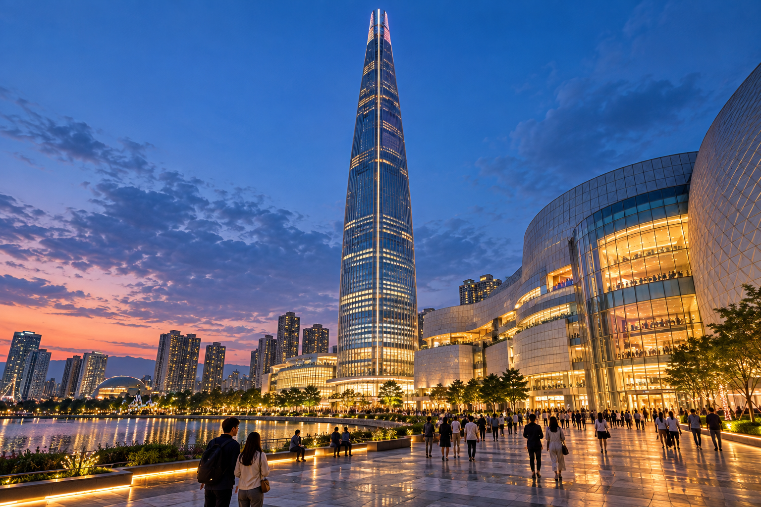 Lotte World Tower and Lotte World Mall at dusk in Jamsil, Seoul