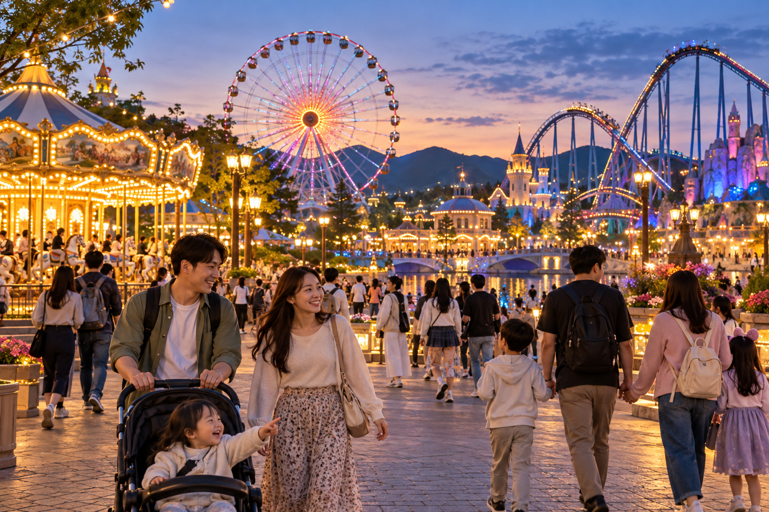 Evening theme park plaza with a ferris wheel and roller coaster