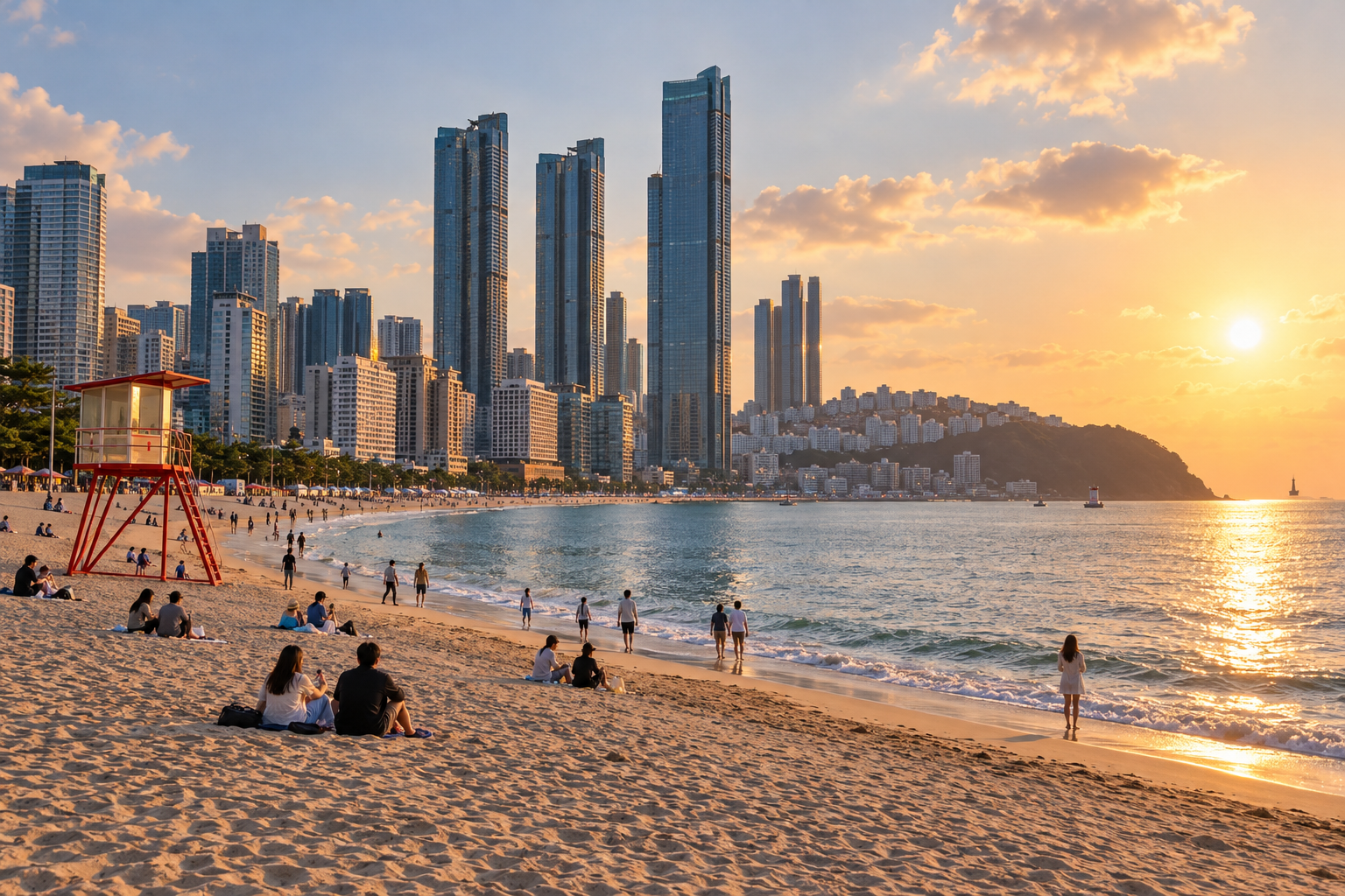 Haeundae Beach and high-rise skyline in Busan at sunset
