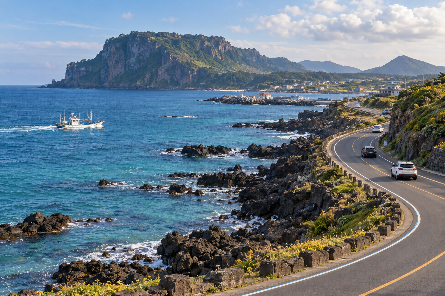 Coastal road with black volcanic rocks on Jeju Island
