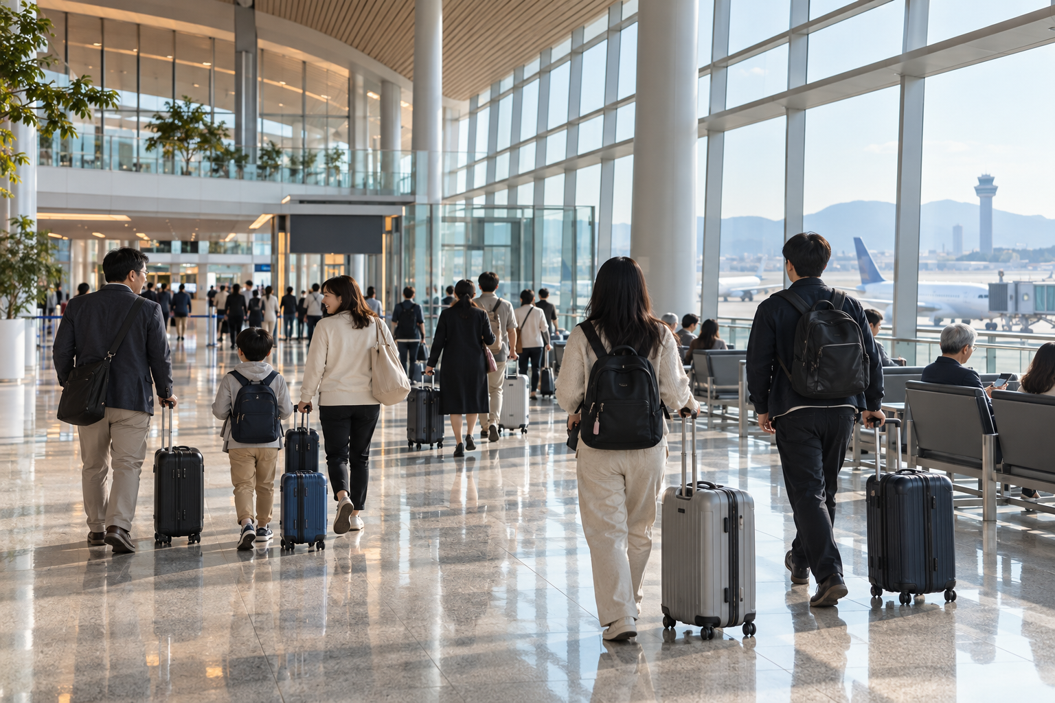 Travelers with suitcases in a Korean domestic airport departure hall